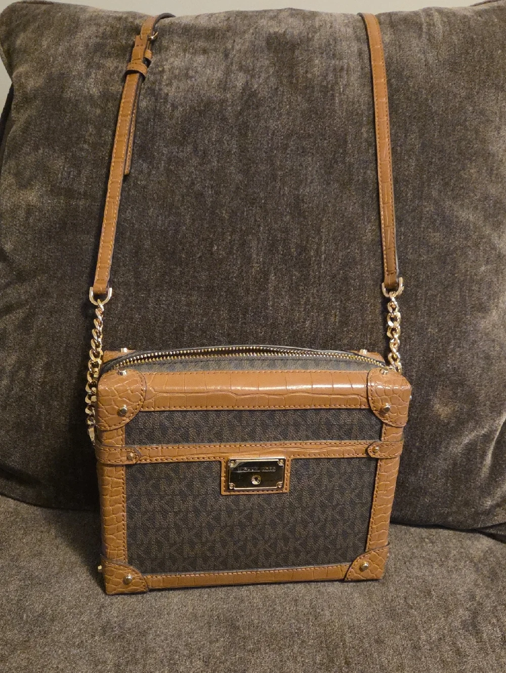 Michael Kors Brown Logo Trunk Crossbody with Gold Chain